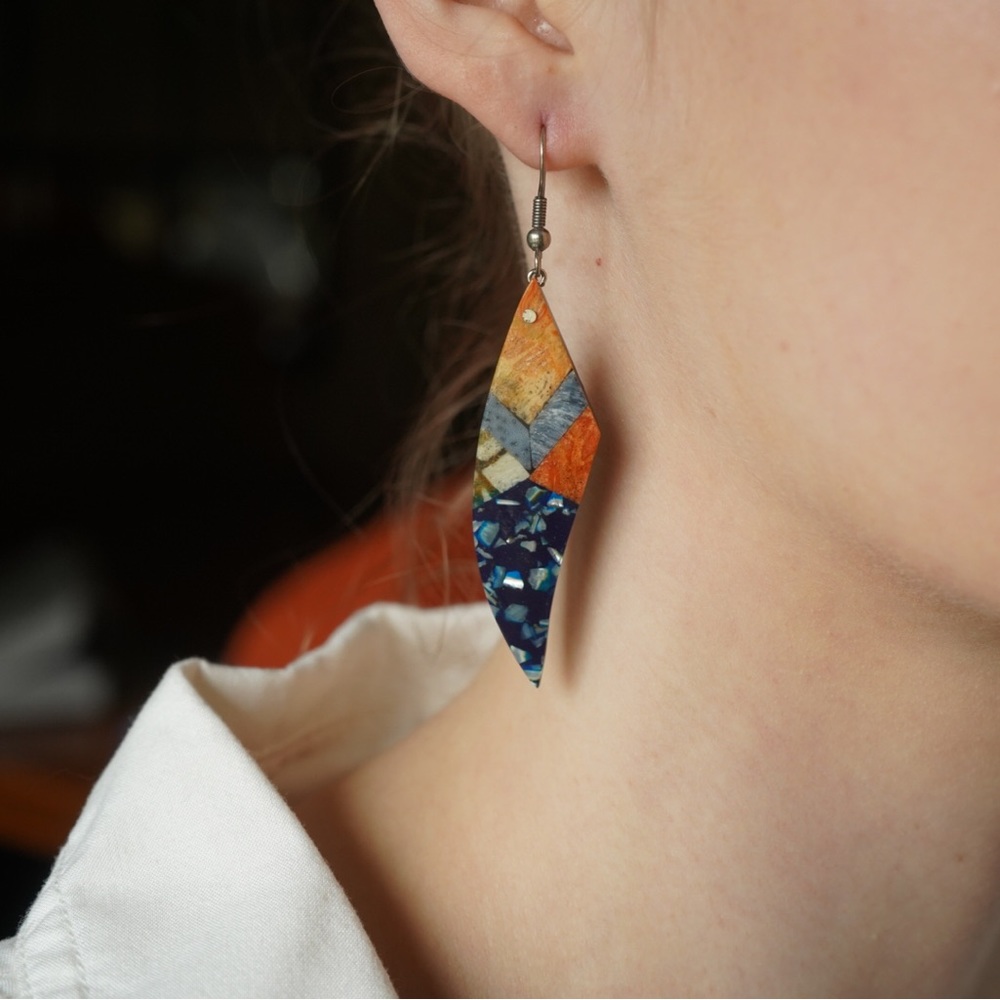 Handmade Wood and Crushed Oyster Shell Earrings Made In Bend Oregon